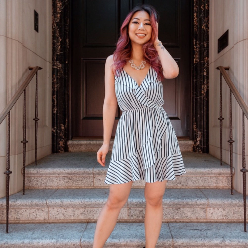 Express Striped Ruffle Dress, Blue/White, Size XS